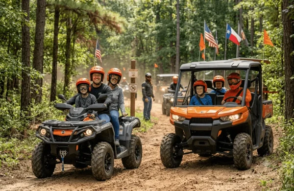 Two families riding together on a scenic dirt trail in Conroe near Houston, with one group on a single-rider ATV and the other in an orange four-seater side-by-side rental. All riders are wearing matching safety helmets and riding gear under a canopy of trees with Texas and US flags visible.