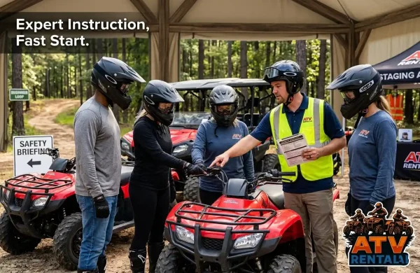 Certified ATV Rentals LLC instructor giving a beginner safety briefing on quad controls near Houston.