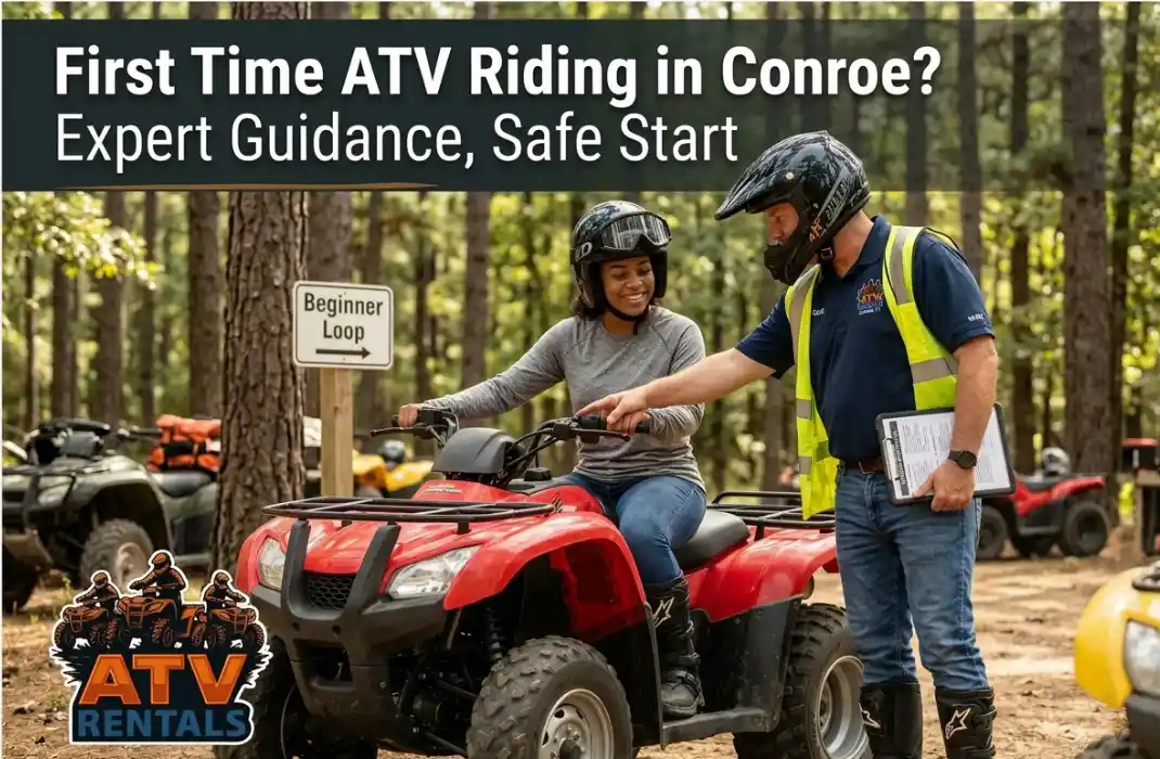 Guided Houston ATV tours safety briefing at ATV Rentals LLC featuring a female rider and expert guide explaining controls [cite: atvrentalsllc.com-organic.