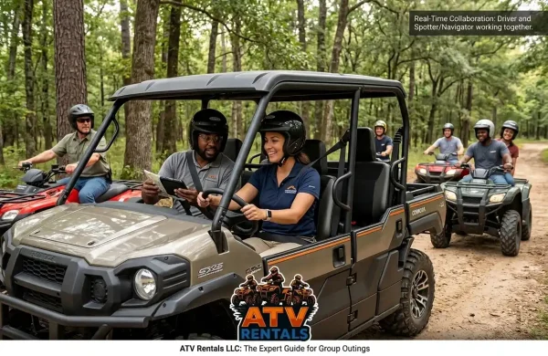 Guided Houston ATV Rentals LLC group tour through forested Conroe trail featuring SxS driver and spotter navigator